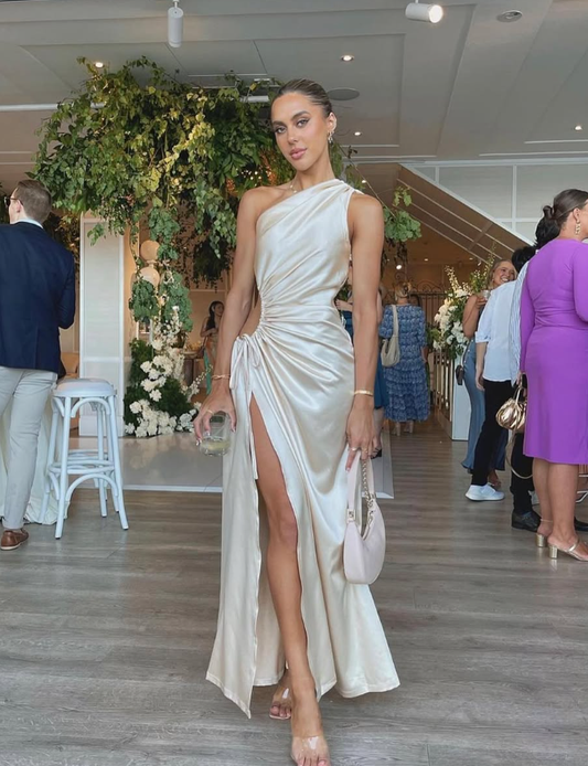 Sexy A Line One Shoulder Champagne Satin Prom Dress Evening Dress with Slit DP1602