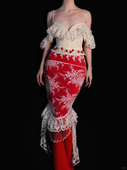 Vintage Unique Sheath Off the Shoulder Lace Beaded Red Satin Prom Dress Evening Dress DP6467
