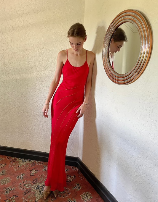 Elegant Sheath Spaghetti Strap Beaded Red Chiffon Long Prom Dress Graduation Prom Dress DP2201