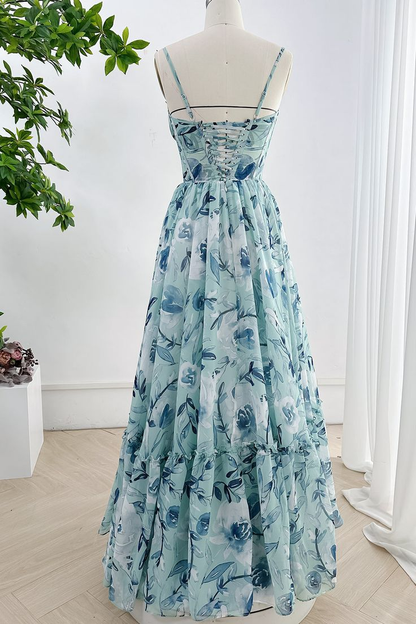 Spaghetti Straps Corset Floral Chiffon Tiered Prom Dress DP173