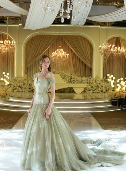 Sage Green Off the Shoulder Beaded Satin Tulle Prom Dress DP4919