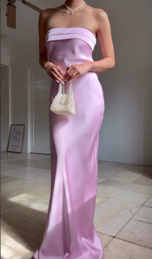 Sweety Sheath Strapless Pink Satin Open Back Long Graduation Prom Dress DP4878