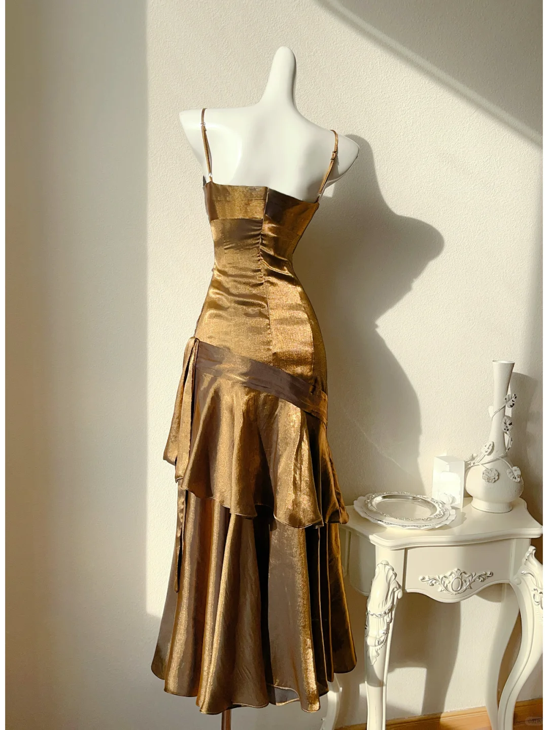 Bronze Gold Mermaid Spaghetti Strap Layered Satin Party Dress Wedding Guest Dress DP2587