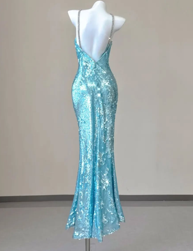 Shiny Blue Mermaid Halter Beaded Sequin Open Back Prom Dress Evening Dress DP4682