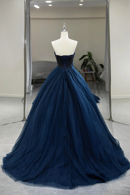 Navy Blue Strapless Tulle Beaded Long Prom Dress Formal Evening Dress DP305