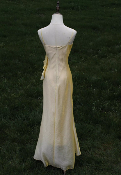 Vintage Mermaid Spaghetti Straps Yellow Satin Prom Dress DP4819