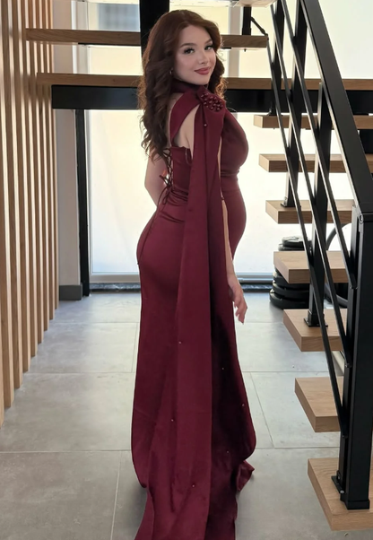 Simple Burgundy Sheath One Shoulder Satin Long Prom Dress Evening Dress DP6937