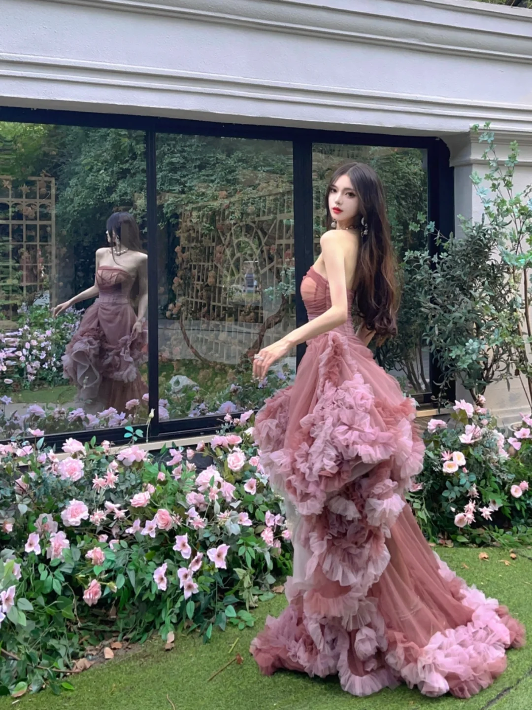 Pink Exquisite Mermaid Strapless Layered Tulle Long Sweep Prom Dress Evening Dress DP3135