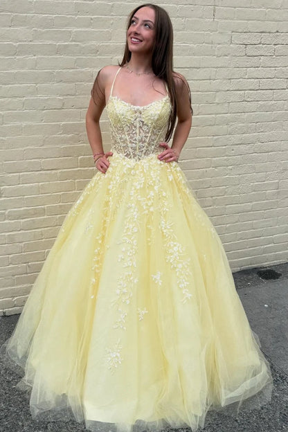 Cute Yellow A Line Spaghetti Strap Appliques Tulle Prom Dress Evening Dress DP7629