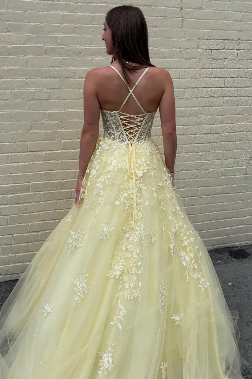 Cute Yellow A Line Spaghetti Strap Appliques Tulle Prom Dress Evening Dress DP7629