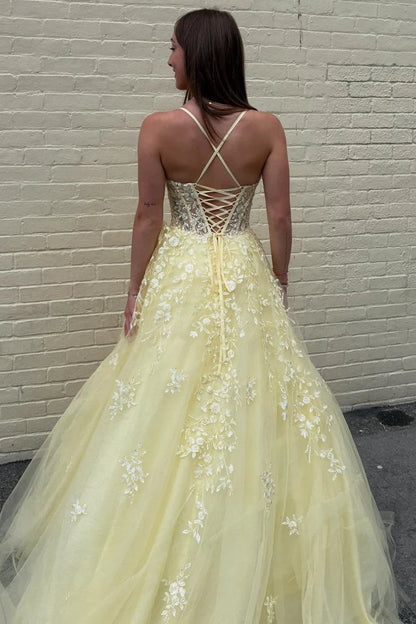 Cute Yellow A Line Spaghetti Strap Appliques Tulle Prom Dress Evening Dress DP7629