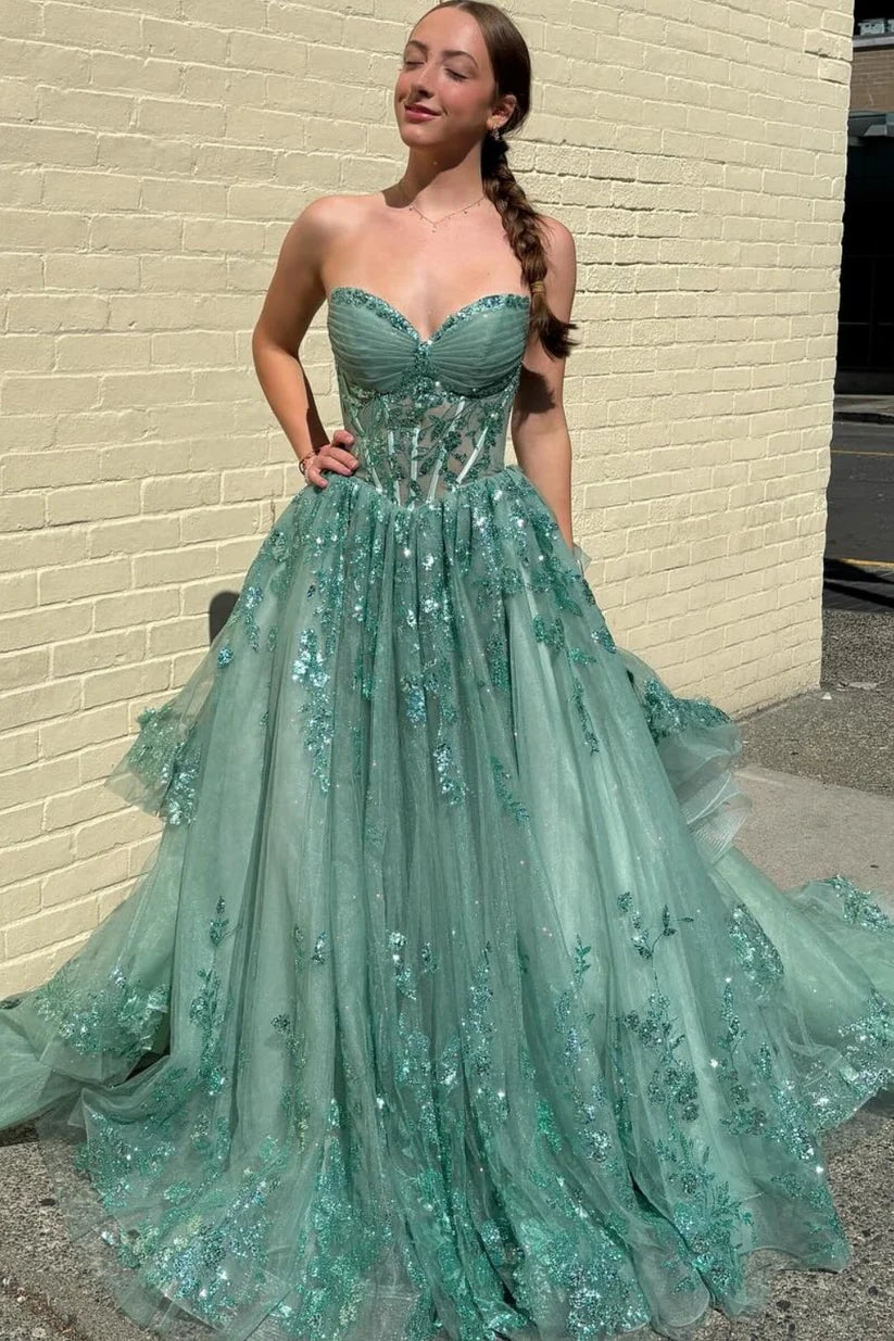 Green A Line Sweetheart Neck Appliques Tulle Prom Dress Evening Dress DP7627