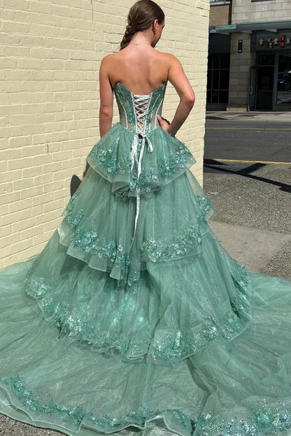 Green A Line Sweetheart Neck Appliques Tulle Prom Dress Evening Dress DP7627