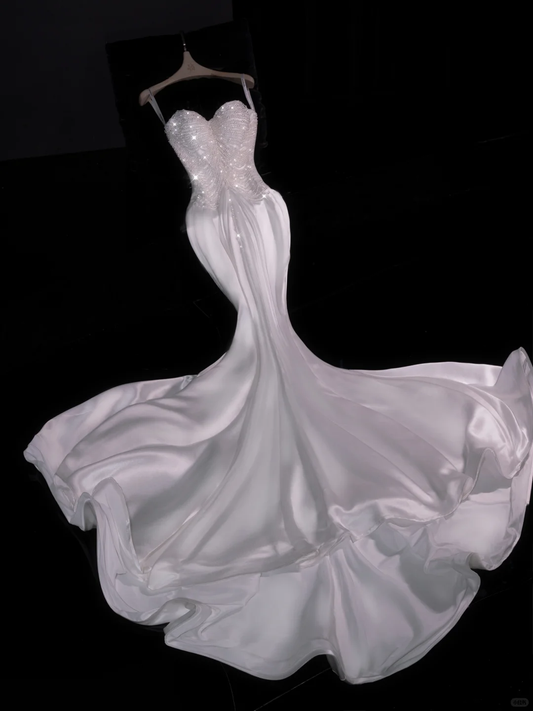Charming White Pearl Mermaid Sweetheart Neck Satin Elegant Prom Dress Evening Dress DP2962