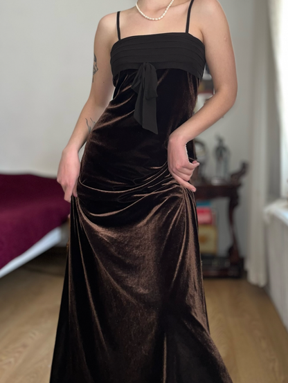 Vintage Sheath Spaghetti Strap Brown Velvet Prom Dress Evening Dress DP5725