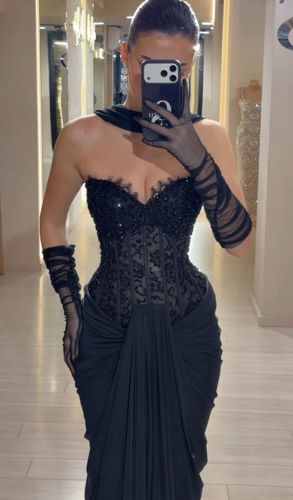 Sexy Black Sheath Sweetheart Neck Beaded Lace Satin Prom Dress Birthday Party Dress DP4913