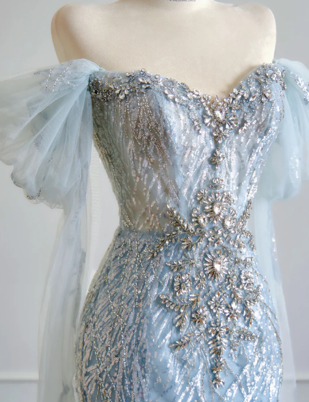 Baby Blue Mermaid Off the Shoulder Rhinestone Sequin Tulle Prom Dress 16th Birthday Dress DP3875