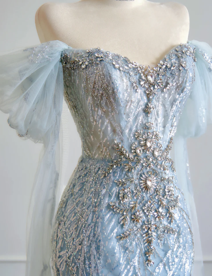 Baby Blue Mermaid Off the Shoulder Rhinestone Sequin Tulle Prom Dress 16th Birthday Dress DP3875
