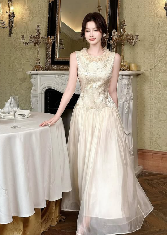 Gold A Line Round Neck Satin Chiffon Prom Dress Evening Dress DP5427