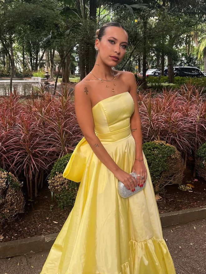 Cute A Line Strapless Yellow Satin Prom Dress Evening Dress with Bow DP1616