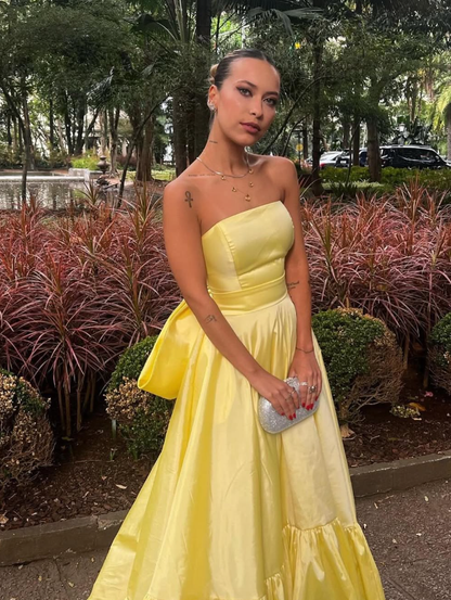 Cute A Line Strapless Yellow Satin Prom Dress Evening Dress with Bow DP1616