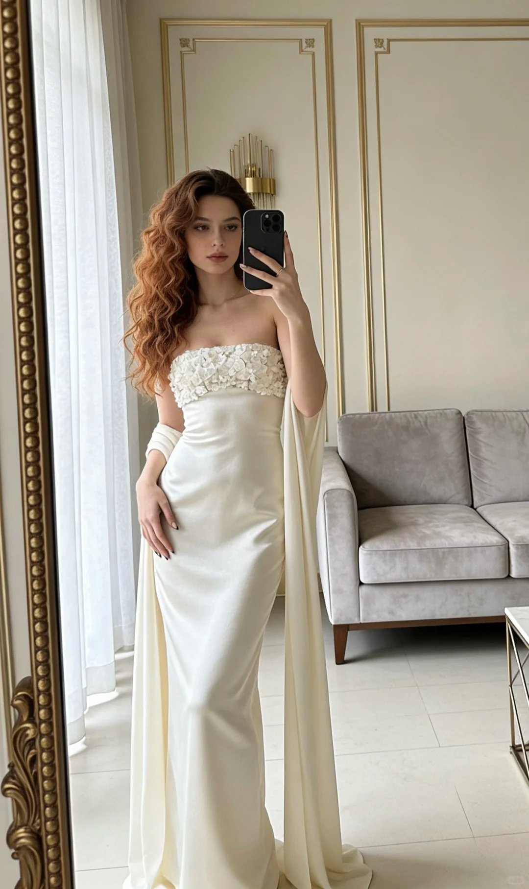 Elegant Iovry A Line Floral Satin Long Prom Dress Evening Dress DP5149