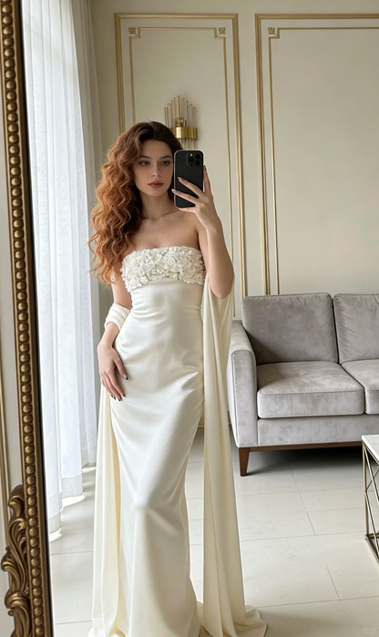 Elegant Iovry A Line Floral Satin Long Prom Dress Evening Dress DP5149