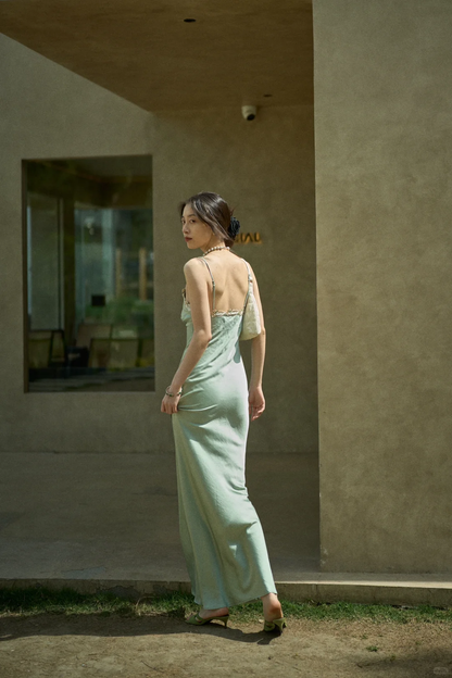 Sage Green Sheath Spaghetti Strap Appliques Satin Long Prom Dress Party Dress Outfits DP4531