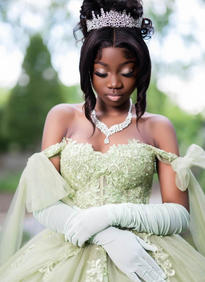 Light Green Princess Ball Gown Appliques Tulle Long Prom Dress 16th Birthday Dress DP5060