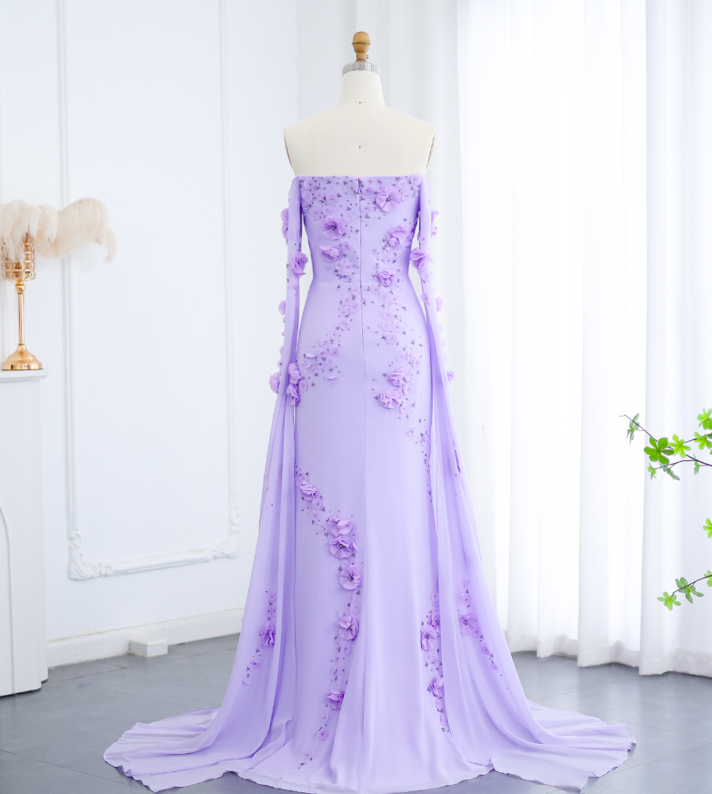 Stunning Lilac A Line Long Sleeve Beaded 3D Flower Chiffon Prom Dress Evening Dress DP1911