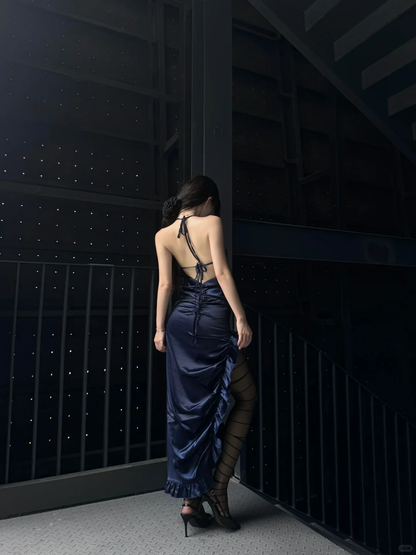 Sexy Navy Blue Sheath Halter Pleated Satin Prom Dress with Slit DP3845