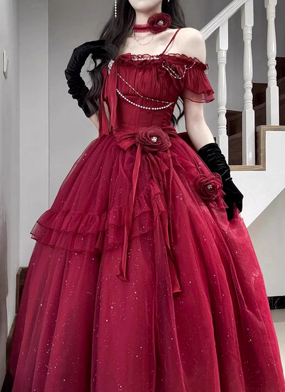 Burgundy Ball Gown Straps Pearls Sequin Tulle Prom Dress 16th Birthday Dress DP4502