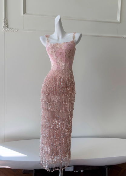 Gentle Pink Sheath Straps Exquisite Beaded Tulle Prom Dress Party Dress Date Dress DP4460
