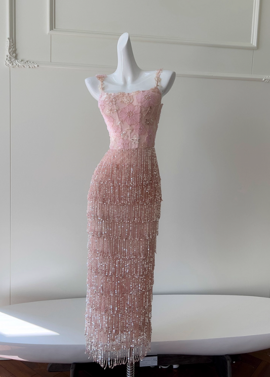 Gentle Pink Sheath Straps Exquisite Beaded Tulle Prom Dress Party Dress Date Dress DP4460