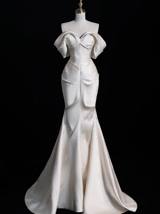 Elegant Mermaid Off the Shoulder Beaded White Satin Prom Dress Evening Dress DP2103