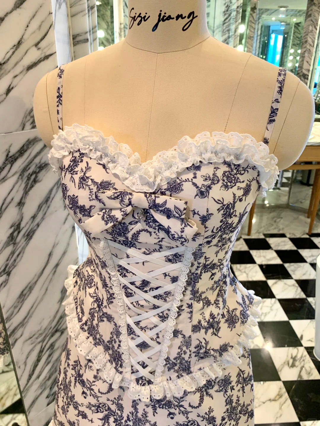 Two Piece Sheath Strapless Blue Print Floral Satin Short Prom Dress Homecoming Dress DP6393