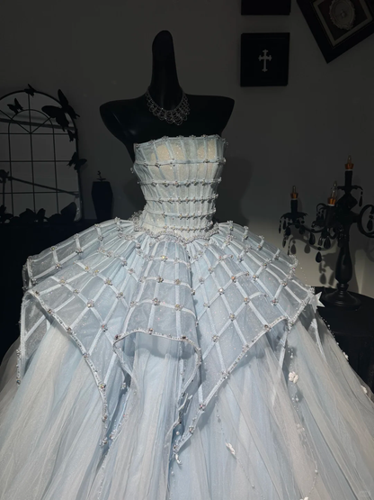 Luxurious Baby Blue Ball Gown Strapless Beaded Tulle Prom Dress Evening Dress DP6985
