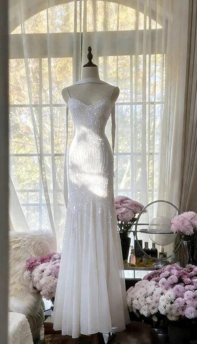 Lilac Mermaid Spaghetti Strap Beaded Chiffon Long Prom Dress Graduation Prom Dress DP5745