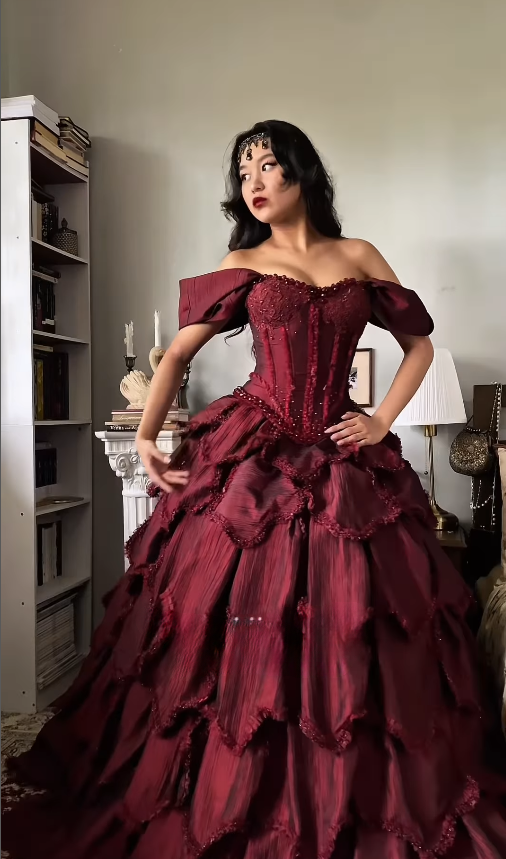 Burgundy Ball Gown Off the Shoulder Layered Beaded Satin 16th Birthday Dress Quinceanera Dress DP4438