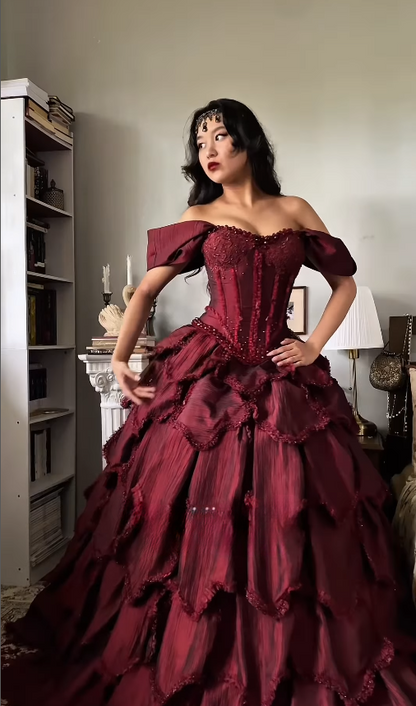 Burgundy Ball Gown Off the Shoulder Layered Beaded Satin 16th Birthday Dress Quinceanera Dress DP4438