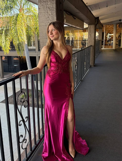 Hot Pink Mermaid Straps Appliques Satin Long Prom Dress Evening Dress with Slit DP5944