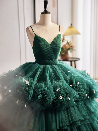 Green VNeck Layered Pleated Tulle Long Prom Dress Formal Ball Gown DP395