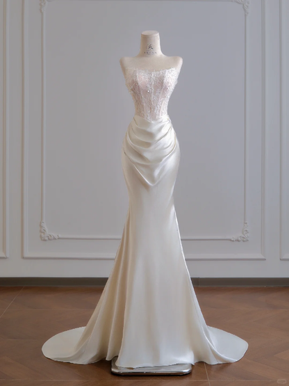 White Mermaid Strapless Lace Satin Long Prom Dresses Wedding Dresses DP4187