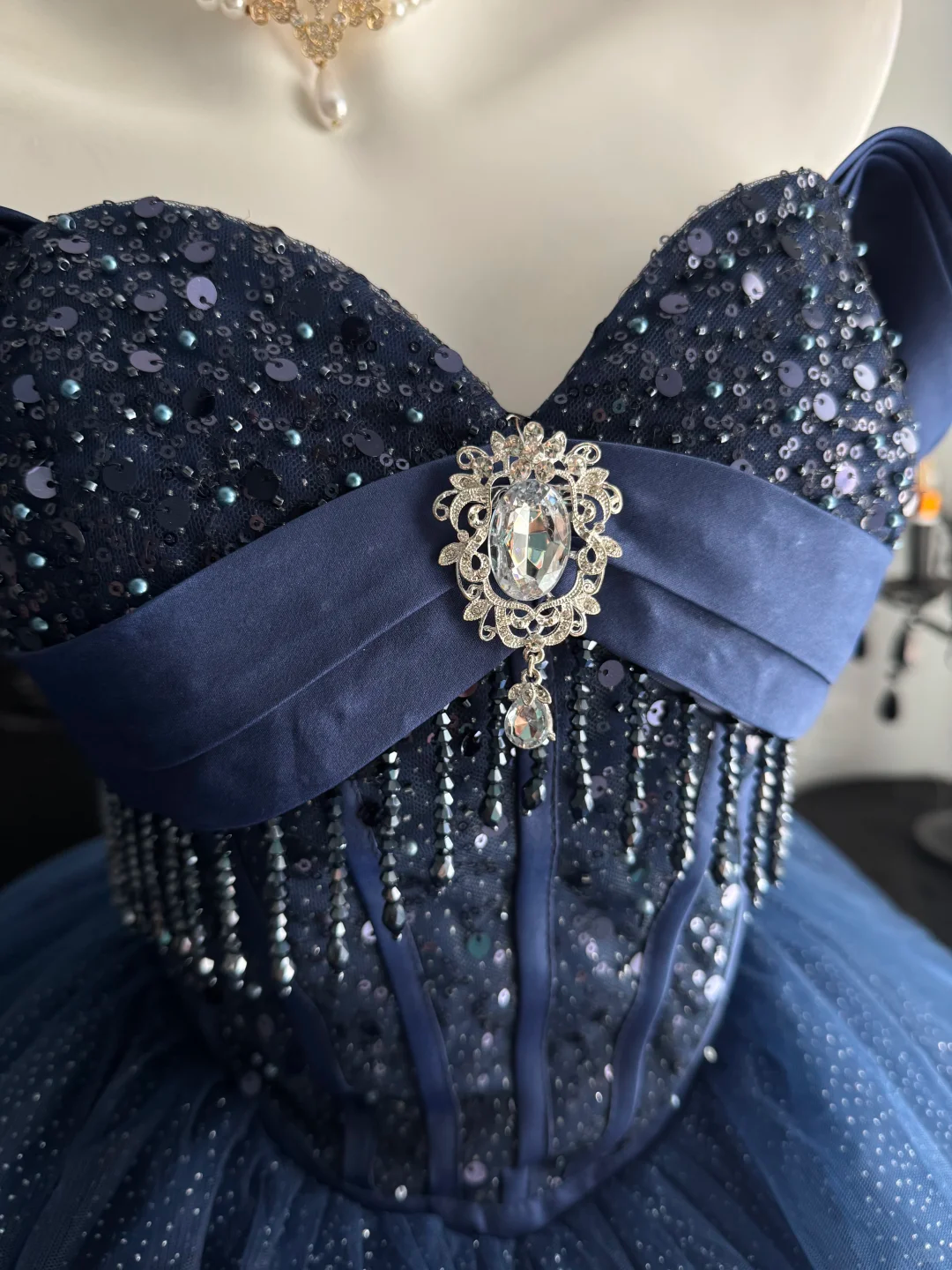 Navy Blue Ball Gown Off the Shoulder Beaded Sequin Prom Dress Quinceanera Dress DP6960