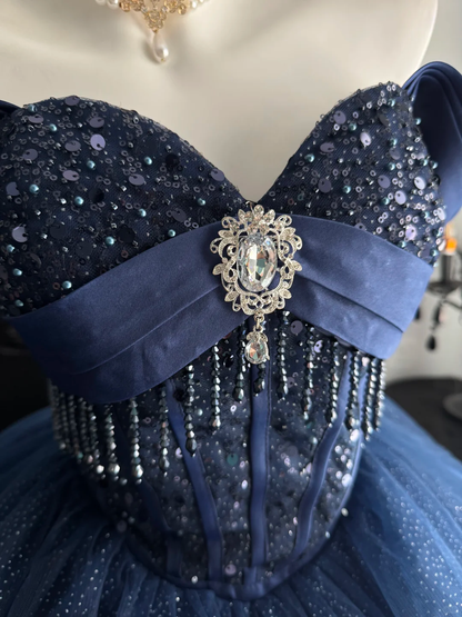 Navy Blue Ball Gown Off the Shoulder Beaded Sequin Prom Dress Quinceanera Dress DP6960
