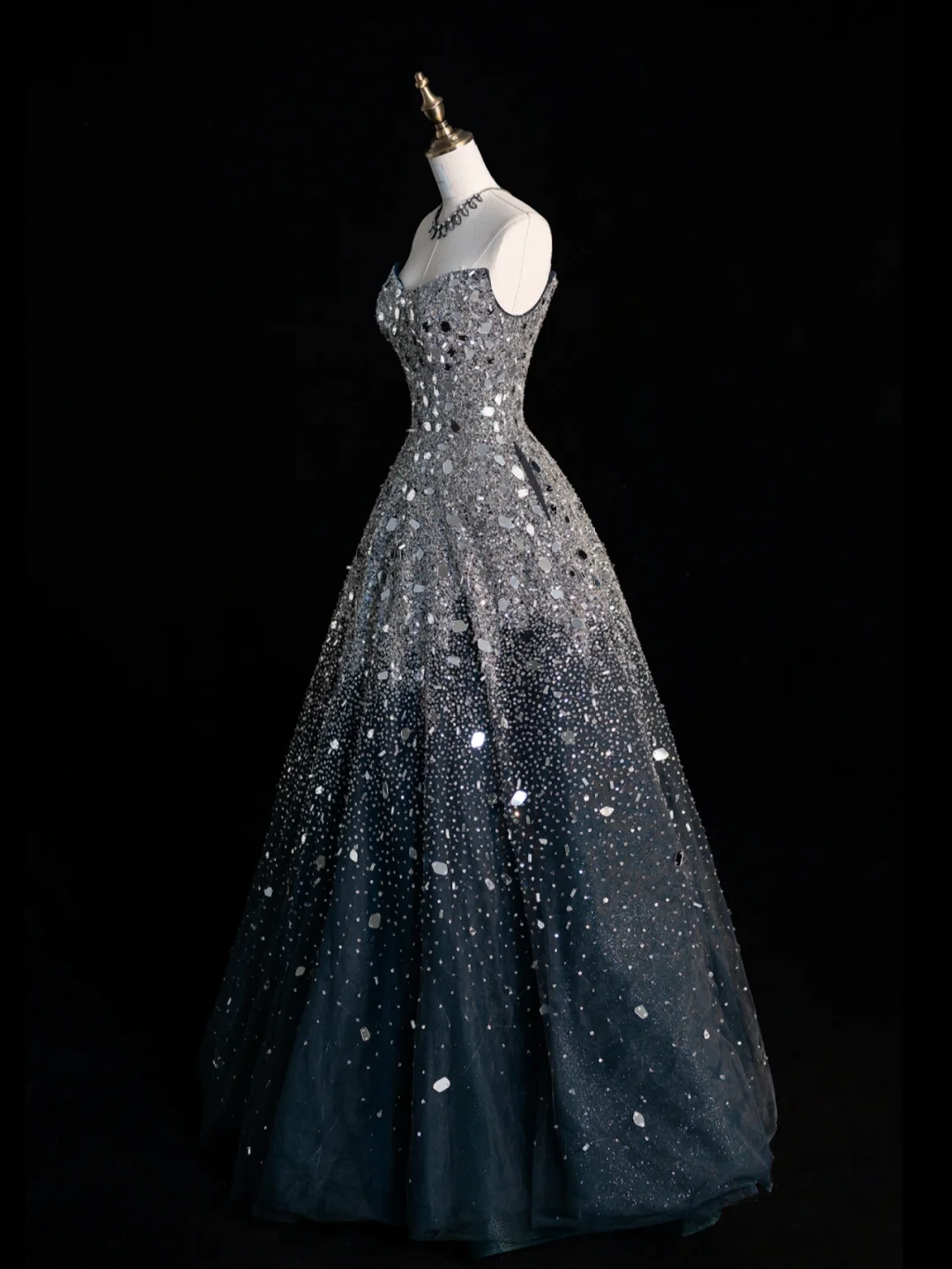 Gorgeous A Line Sweetheart Neck Beaded Sequin Black Tulle Long Prom Dress Evening Dress DP2130