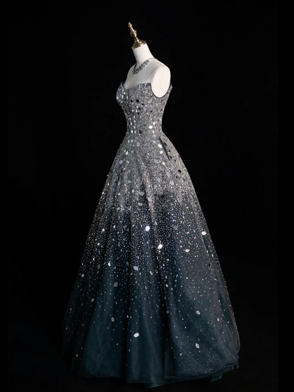 Gorgeous A Line Sweetheart Neck Beaded Sequin Black Tulle Long Prom Dress Evening Dress DP2130