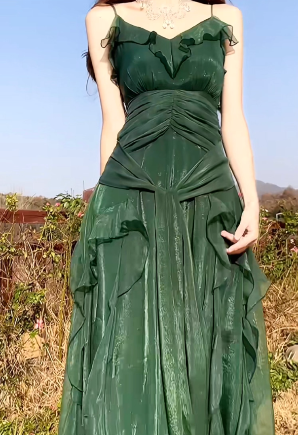 Flowy Dark Green Spaghetti Strap Ruffle Chiffon Prom Dress Evening Dress DP3562