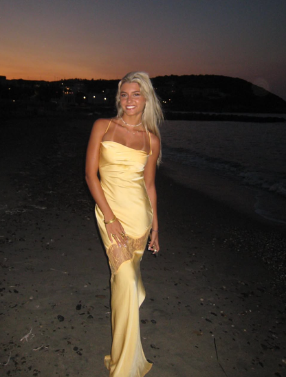 Charming Sheath Spaghetti Strap Yellow Lace Satin Long Open Back Prom Dress Evening Dress DP1637