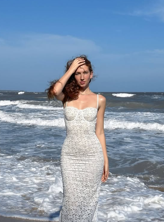 White Elegant Sheath Spaghetti Straps Lace Long Prom Dress Vacation Dress DP4925